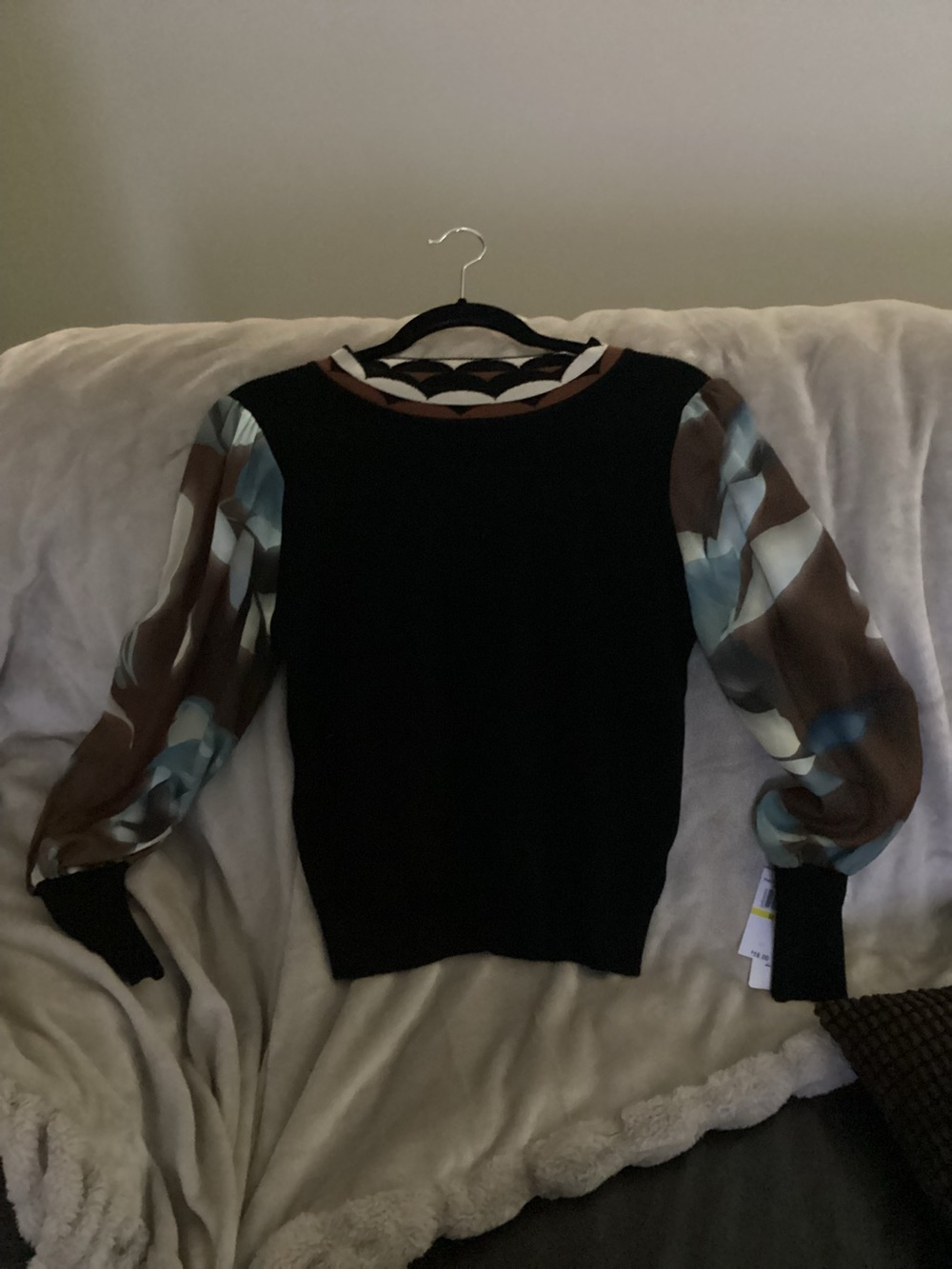Black Sweater with Brown and Light Blue Puff Sleeves